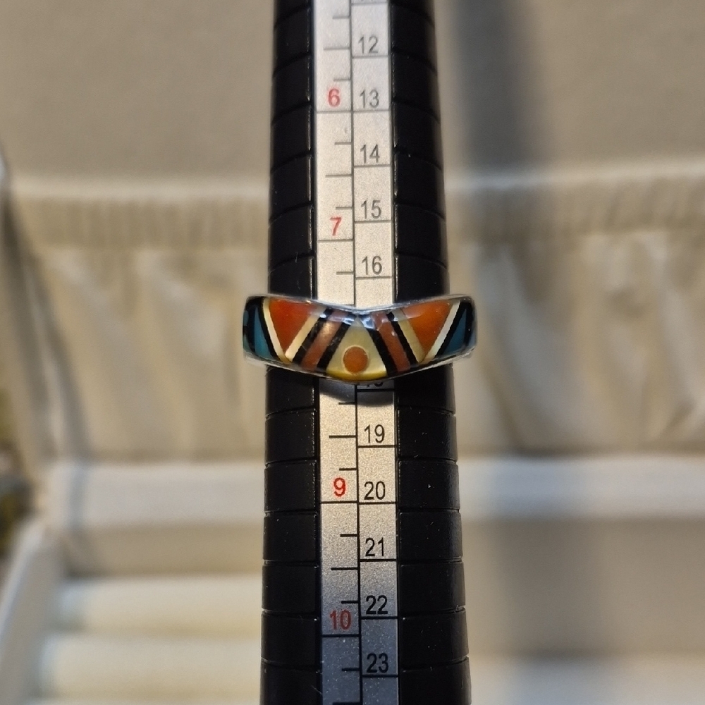 Native American Zuni Artisan Sterling Silver Gemstone Inlay Ring - Picture 7 of 10